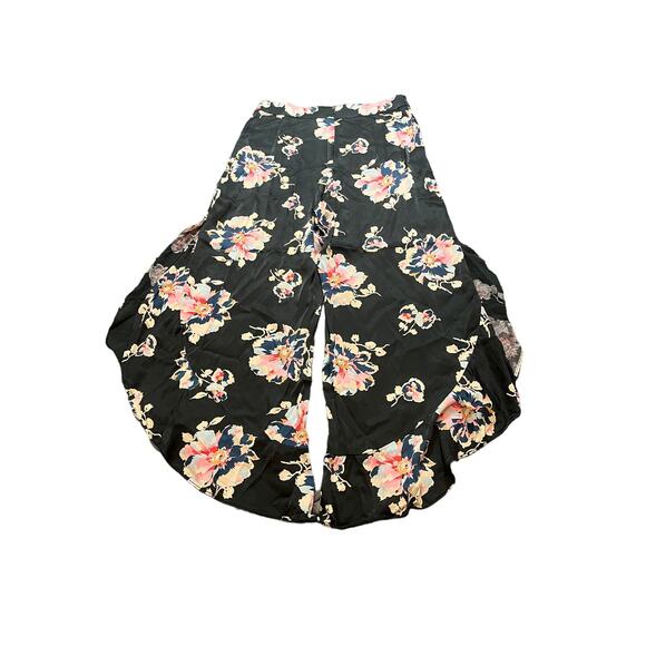 Anthropologie Elevenses Floral Tansy Ruffle Pants Size 4 Black Satin Wide Leg - Picture 8 of 11